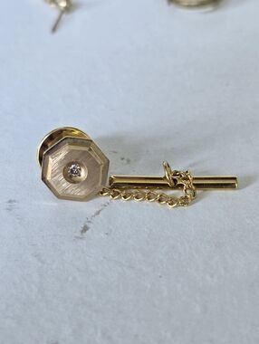 Vintage Diamond solid 14K Gold Tie Tack Pin Art Deco Jewelry Mens